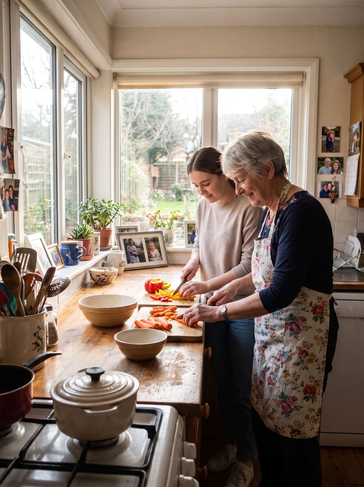 A caregiver and an older adult preparing a meal together in a home kitchen