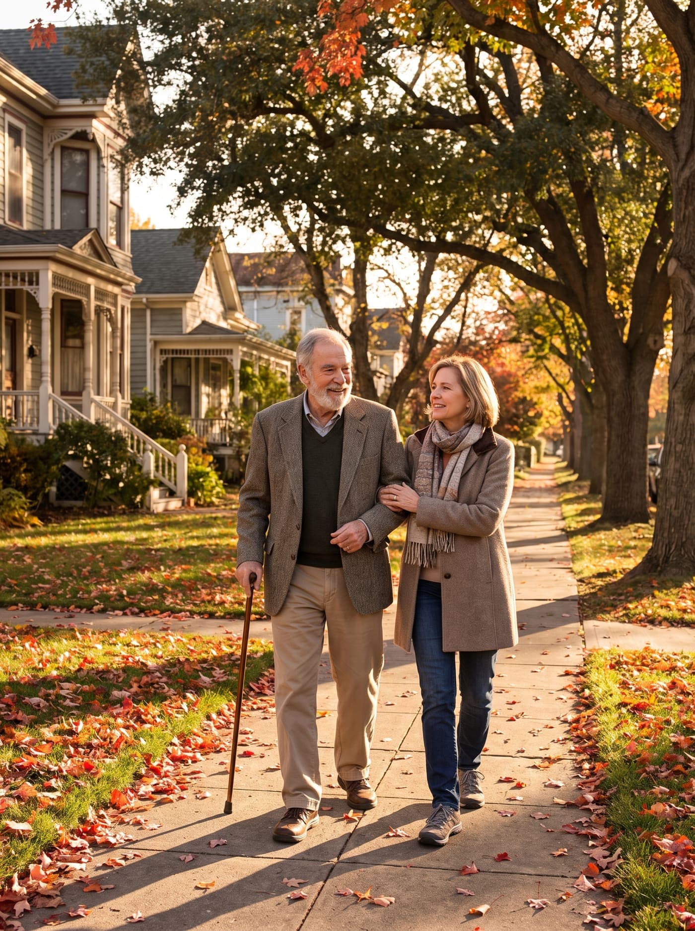 An older adult walking outdoors, gently accompanied by a family member