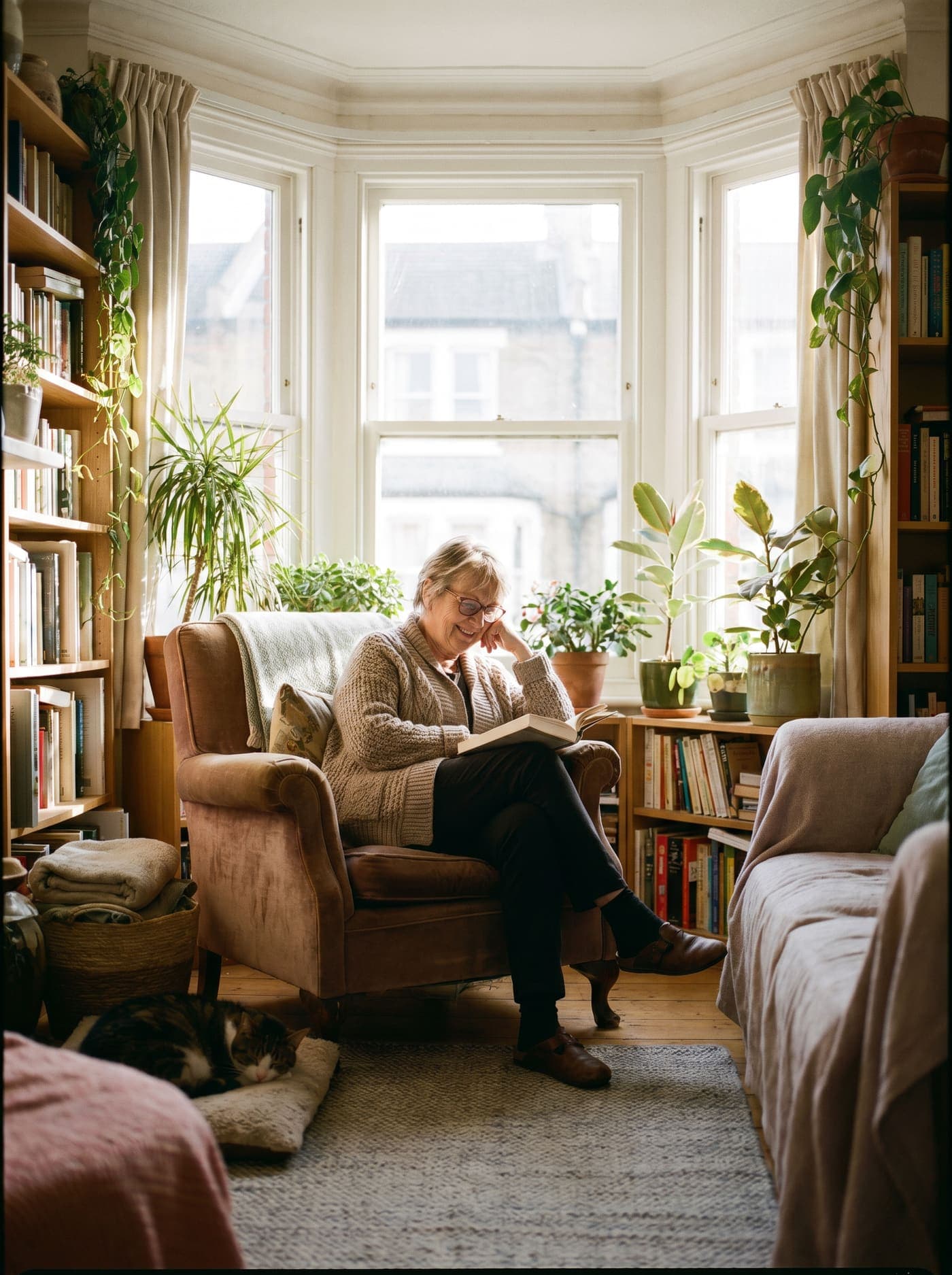 An older adult reading in a sunlit, comfortable living room